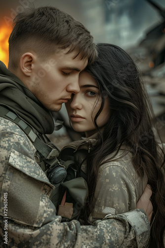 a military young guy hugs a beautiful girl against the backdrop of war, destroyed buildings and fire