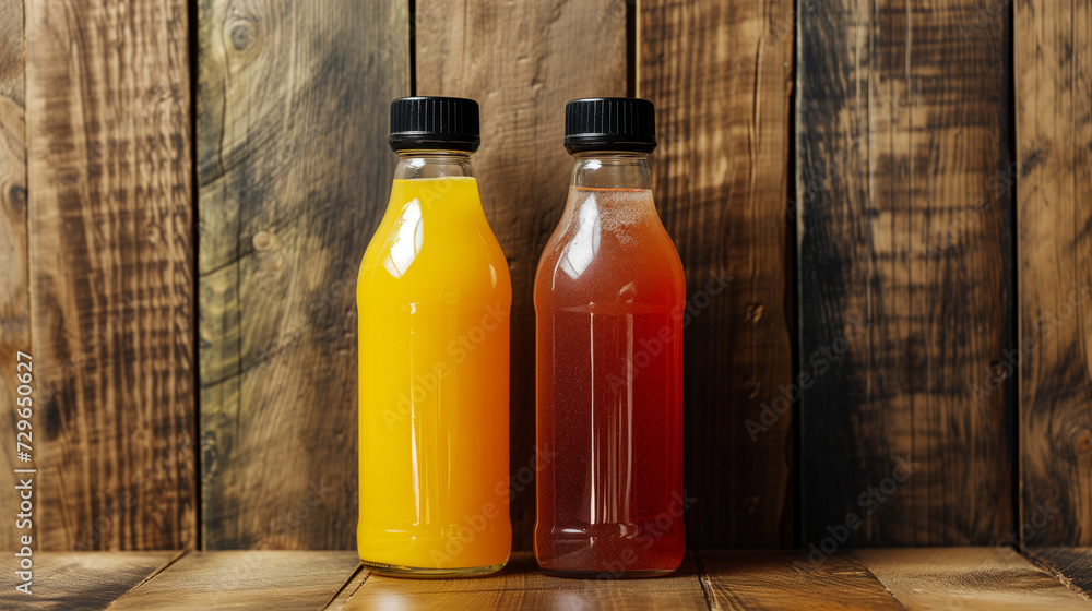 Three bottles of refreshing, vegetable or fruit juices in different colors, wooden background Three bottles of refreshing, vegetable or fruit juices in different colors, wooden background