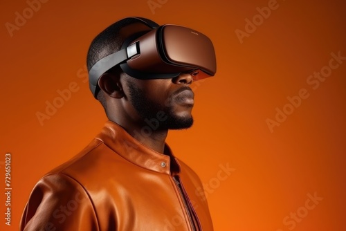 Young african american man wearing virtual reality on orange background