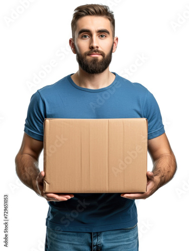 A man in a blue shirt holding a cardboard box, delivery man image isolated on white background.