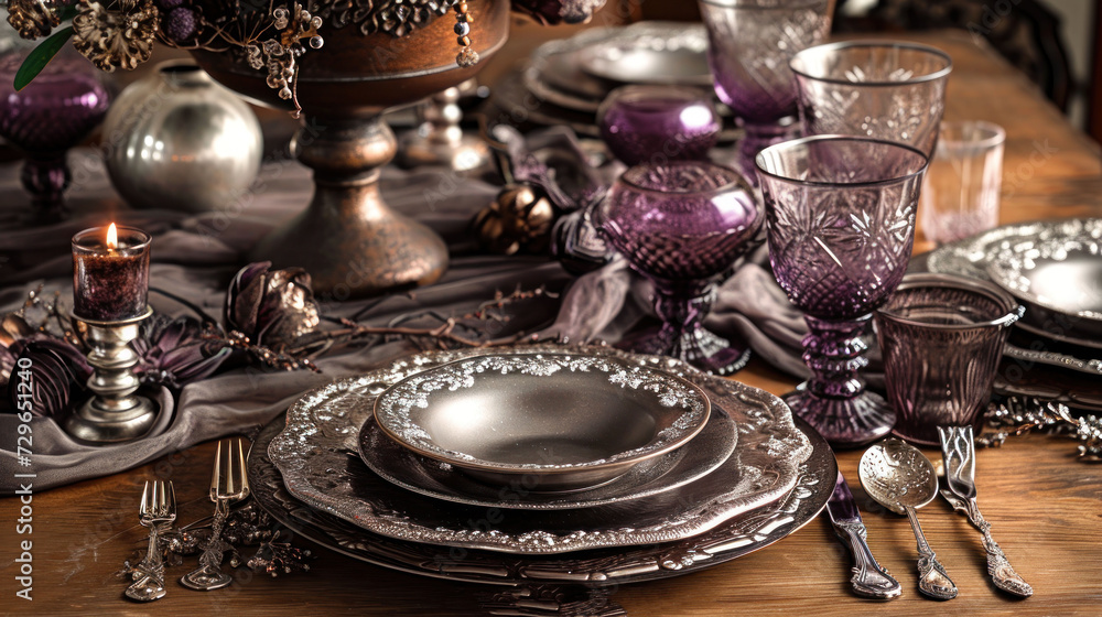  a close up of a table with a plate, silverware and a vase with a flower in it and a candle in the middle of the plate on the table.