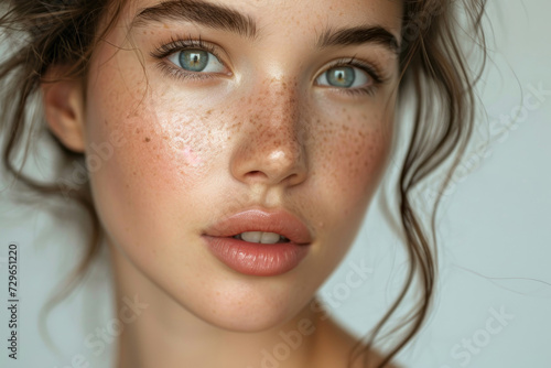 Close-up: Woman's face radiates natural beauty, healthy, clean skin. Flawless complexion adorned with minimal, natural makeup accentuates innate beauty.
