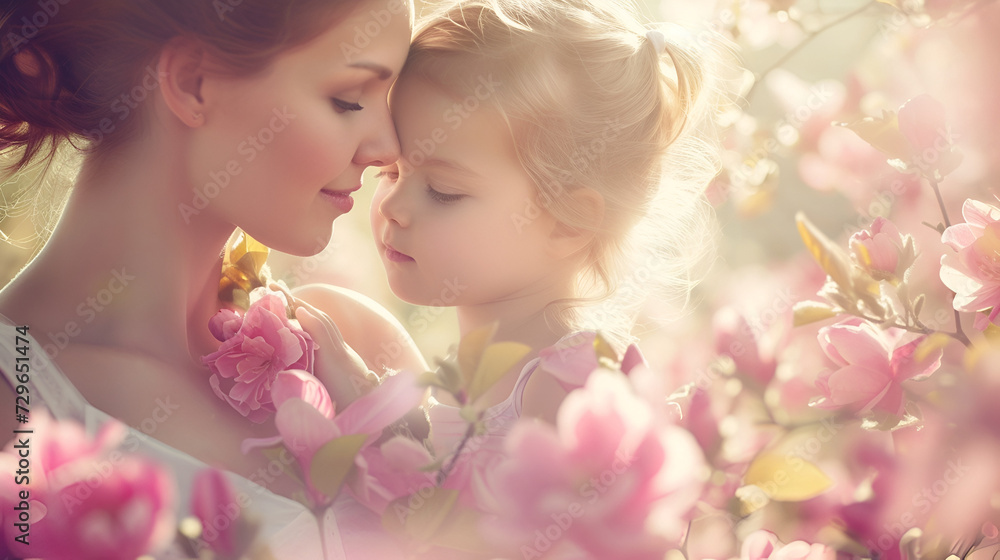 Mother's day card, mother hugging daughter close up in flower garden with space for text on light background