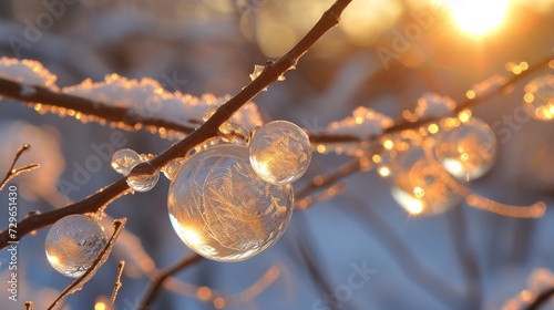  a close up of a tree with ice covered balls hanging from it's branches and the sun shining through the snow covered branches behind the snow - covered branches.
