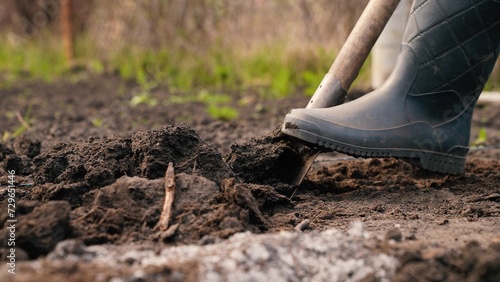 agriculture, farmer dripping soil foot rubber boots, ground, earth business, worker digs fertile soil shovel, ecological vegetable growing, agricultural business, shovel tool, close-up, shovel digging