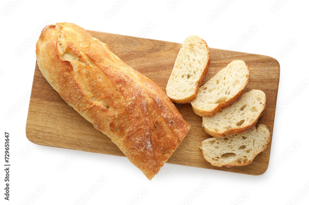 Wooden cutting board with fresh bread isolated on white, top view