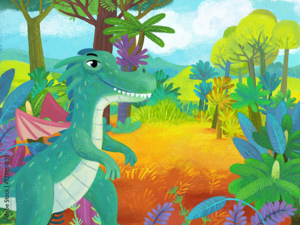 cartoon scene with forest jungle meadow wildlife with dragon dino dinosaur animal zoo scenery illustration for children cartoon scene with forest jungle meadow wildlife with dragon dino dinosaur animal zoo scenery illustration for children