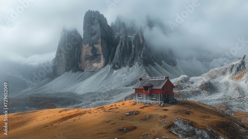 a red house sitting on top of a hill covered in snow next to a tall mountain covered in snow covered mountains in the distance are foggy skies and low lying clouds.