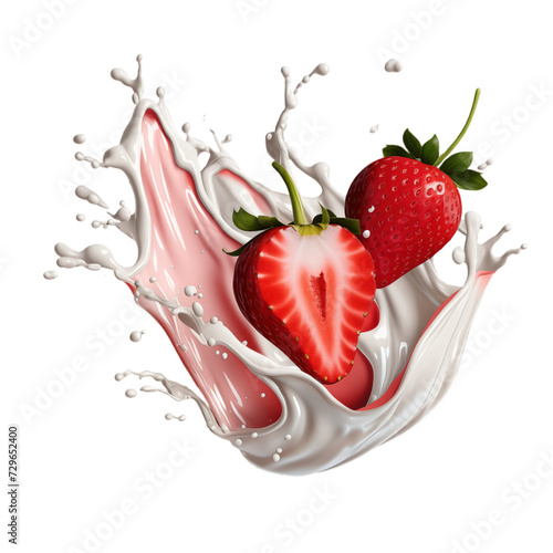 realistic fresh ripe strawberry with slices falling inside swirl fluid gestures of milk or yoghurt juice splash png isolated on a white background with clipping path. selective focus photo