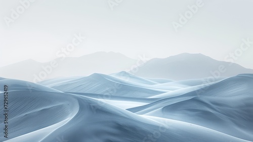 Amidst a wintry wonderland  fog creeps over a serene landscape of majestic mountains and rolling sand dunes  creating a dreamlike scene straight out of an aeolian landform