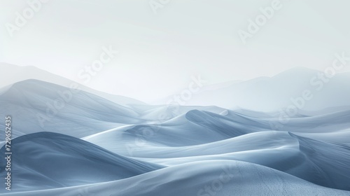 A serene winter wonderland blanketed in snow, with misty fog rolling over the rugged mountains and dunes in the distance under a pale sky
