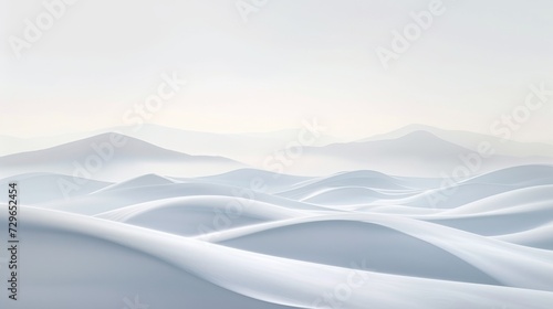 A misty morning paints the sky as rolling hills of snow stretch into the horizon, a serene landscape blending the harsh beauty of nature with the softness of a desert dune at sunrise