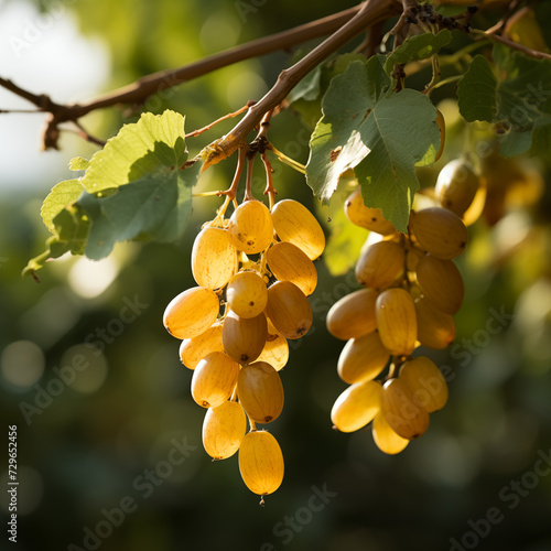 close-up of a fresh ripe sultana hang on branch tree. autumn farm harvest and urban gardening concept with natural green foliage garden at the background. selective focus photo