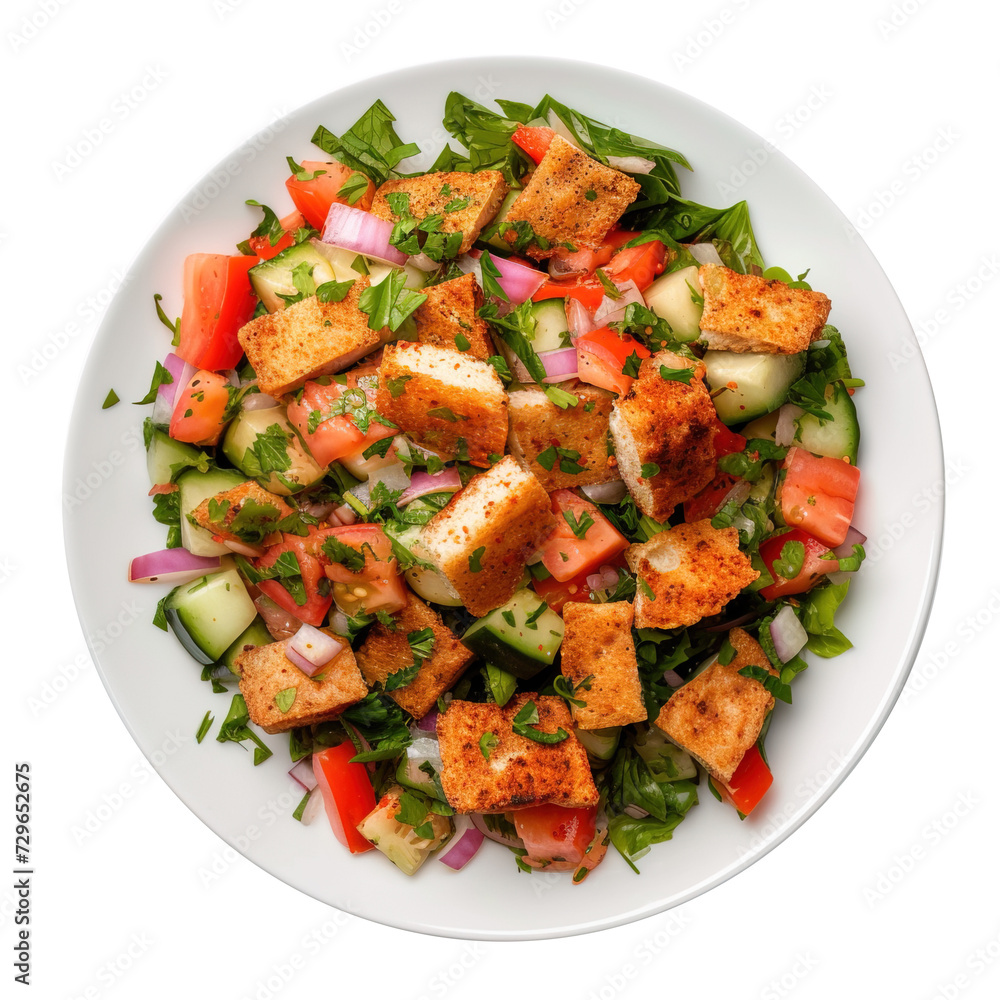 Top view of Fattoush, traditional Levantine salad for Ramadan in white plate over isolated transparent background Top view of Fattoush, traditional Levantine salad for Ramadan in white plate over isolated transparent background