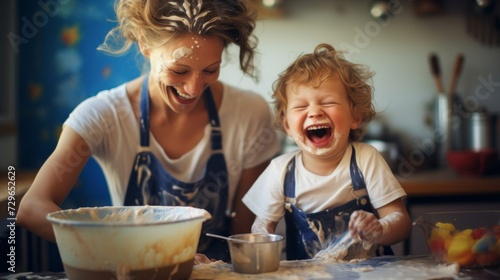 Joyful mother and child covered in flour while baking together in the kitchen