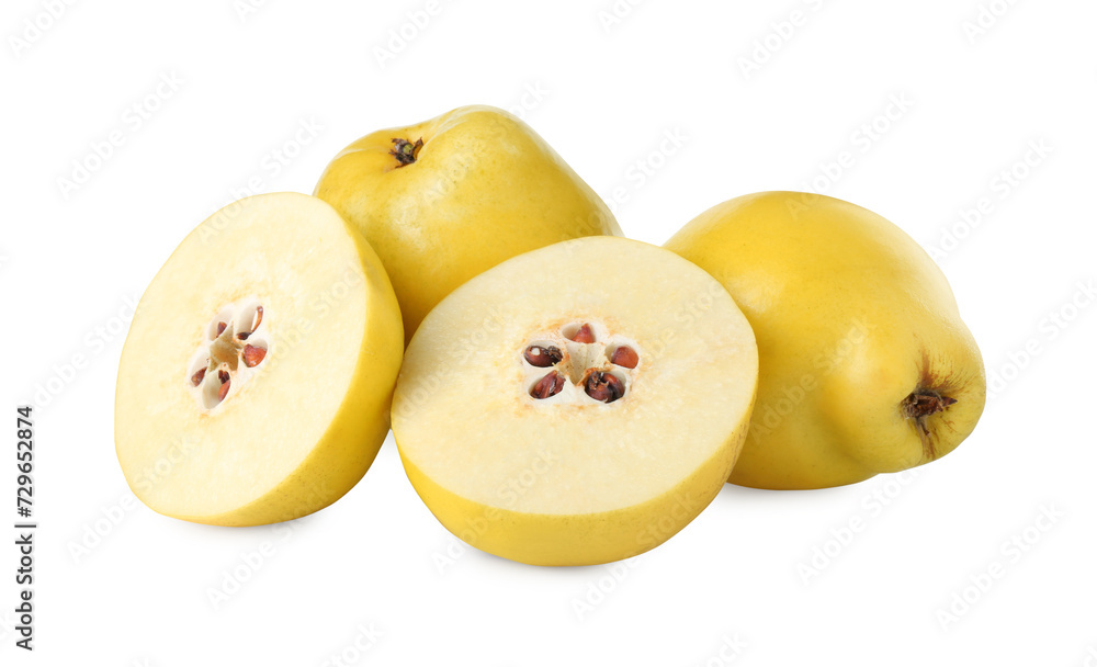Ripe whole and cut quinces isolated on white Ripe whole and cut quinces isolated on white