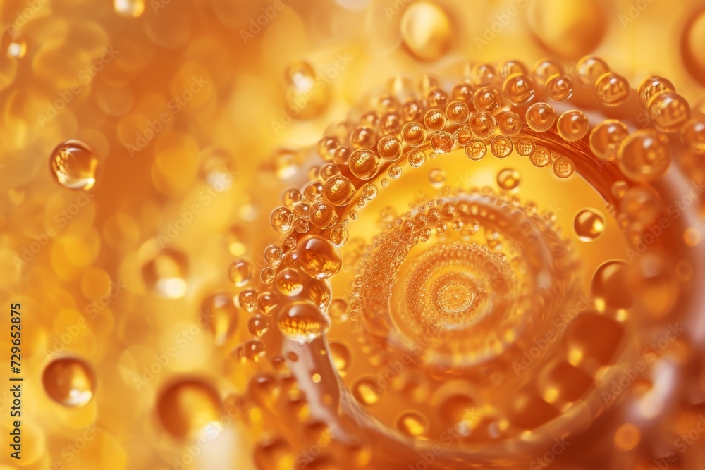 A vibrant spiral of golden bubbles dances in the amber-hued liquid, evoking a sense of effervescence and joy in the fizzy soft drink A vibrant spiral of golden bubbles dances in the amber-hued liquid, evoking a sense of effervescence and joy in the fizzy soft drink