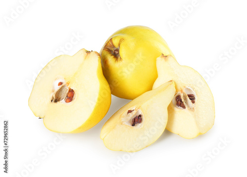 Ripe whole and cut quinces isolated on white