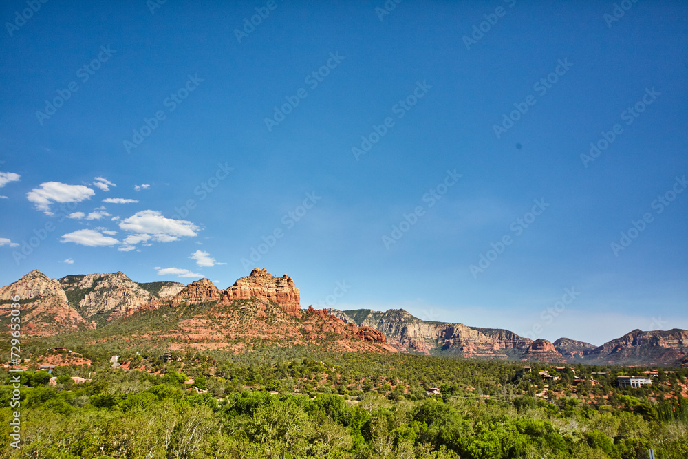 Sedona Red Rock Cliffs with Greenery and Homes, Elevated View