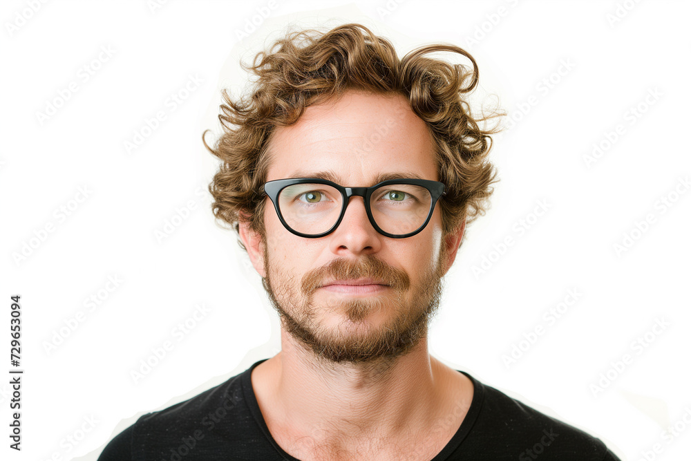 Curly-Haired Man in Glasses: Portrait on White Background