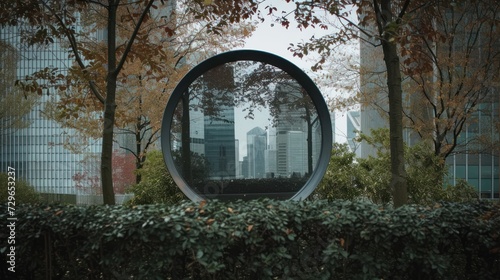  a circular mirror sitting in the middle of a lush green park next to a tall building with a city skyline in the reflection of the mirror on the side of a hedge.