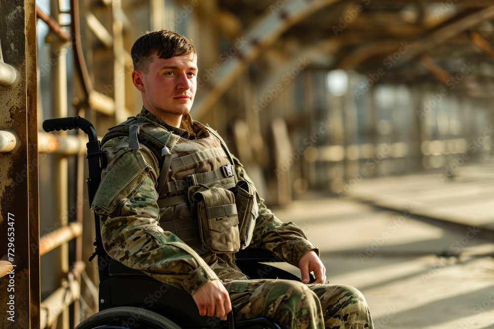 Soldier Sitting in Wheelchair in Warehouse Soldier Sitting in Wheelchair in Warehouse