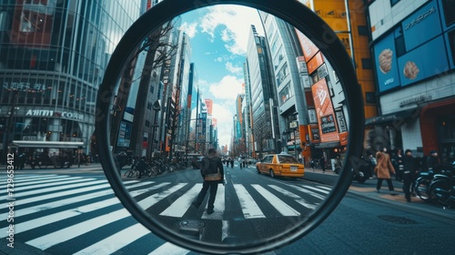  a person standing in the middle of a crosswalk with a mirror on the side of the road looking in the opposite direction of the other direction of the camera. photo