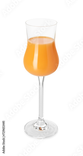Glass with tasty tangerine liqueur isolated on white