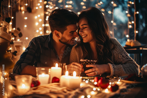 A Man and Woman Sitting Next to Each Other in Front of Candles in the restaurant