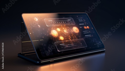 Foreshortening and perspective view of black tablet displaying digital visuals and astronomy data on black background. Generative AI.