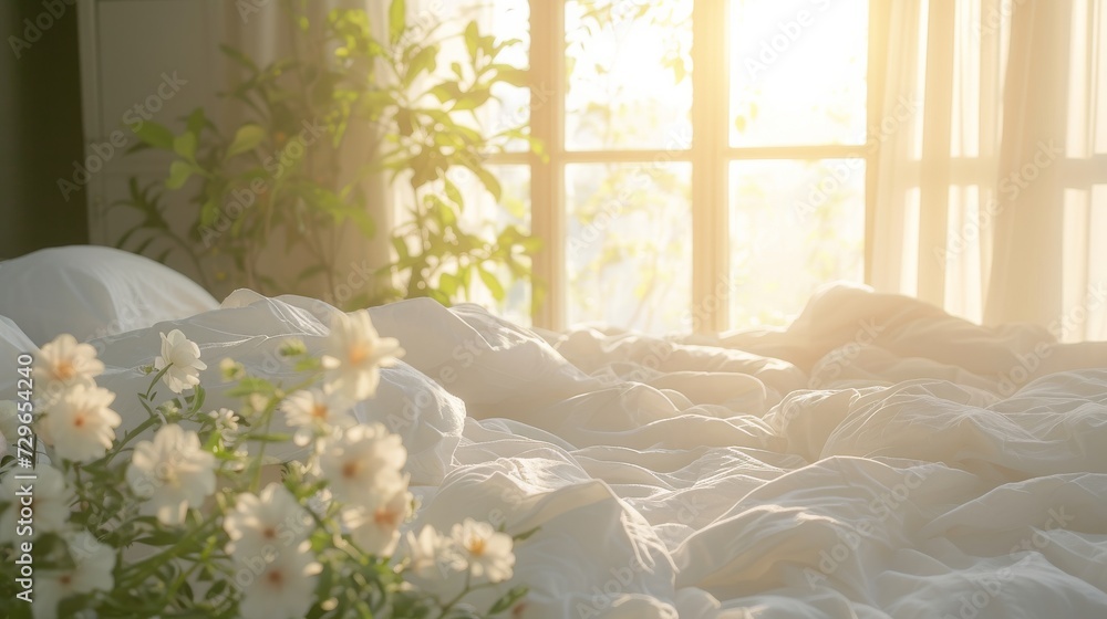 A serene indoor scene, with a white blanket draped over a flower-filled bed by a sunlit window, framed by a delicate vase and verdant plants, exuding peacefulness and natural beauty A serene indoor scene, with a white blanket draped over a flower-filled bed by a sunlit window, framed by a delicate vase and verdant plants, exuding peacefulness and natural beauty
