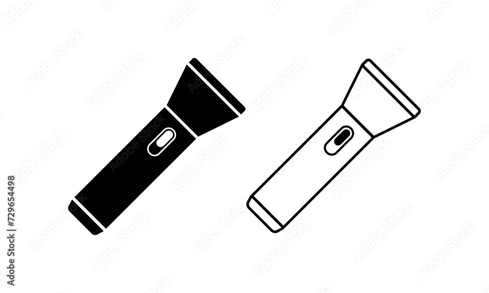 Flashlight Signs. The insignia of a torch. Symbol of a flashlight. Electric portable appliance symbols. Black, line drawing. Vector isolated sign. Flashlight Signs. The insignia of a torch. Symbol of a flashlight. Electric portable appliance symbols. Black, line drawing. Vector isolated sign.