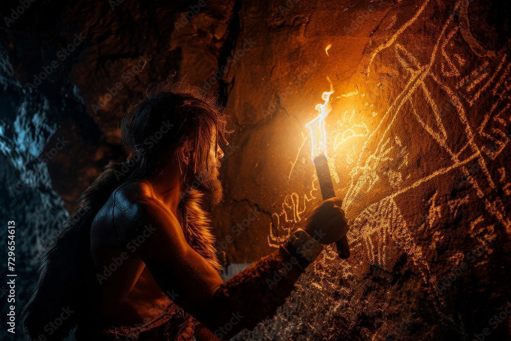 A solitary figure illuminated by the flickering light of a torch ...