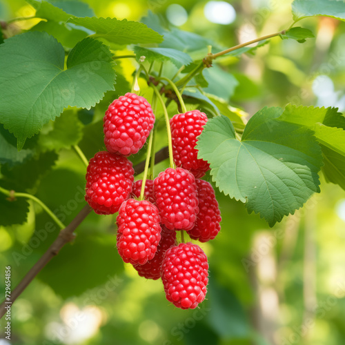 close-up of a fresh ripe tayberry hang on branch tree. autumn farm harvest and urban gardening concept with natural green foliage garden at the background. selective focus