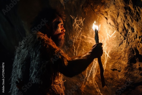 The primitive man illuminates the dark, damp cave with a flickering torch, bringing warmth and light to his lonely existence