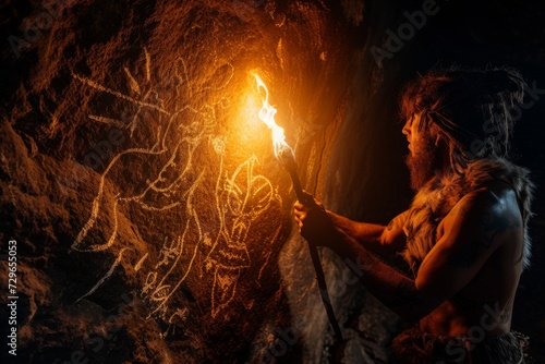Under the cloak of night, a solitary figure harnesses the heat of fire to create a lasting mark on the rugged stone, an artistic expression amidst the wilderness