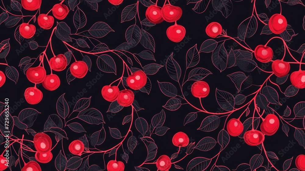 a black background with a bunch of red cherries on a branch with green leaves and red berries on a branch with green leaves and red berries on a black background. a black background with a bunch of red cherries on a branch with green leaves and red berries on a branch with green leaves and red berries on a black background.