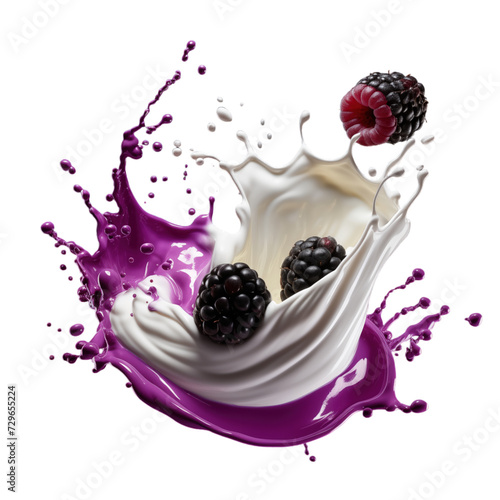 realistic fresh ripe boysenberry with slices falling inside swirl fluid gestures of milk or yoghurt juice splash png isolated on a white background with clipping path. selective focus photo