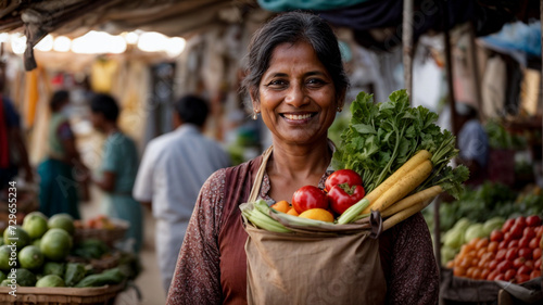 Portrait of happy elderly woman in shop selling organic produce, fresh organic farm vegetables and fruits at farmers market photo