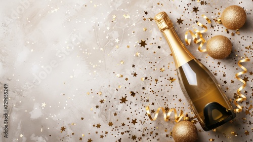 Effervescent celebrations abound as a bottle of champagne adorned with streamers and decorations awaits to be uncorked, promising a night of indulgent drinks and delectable food