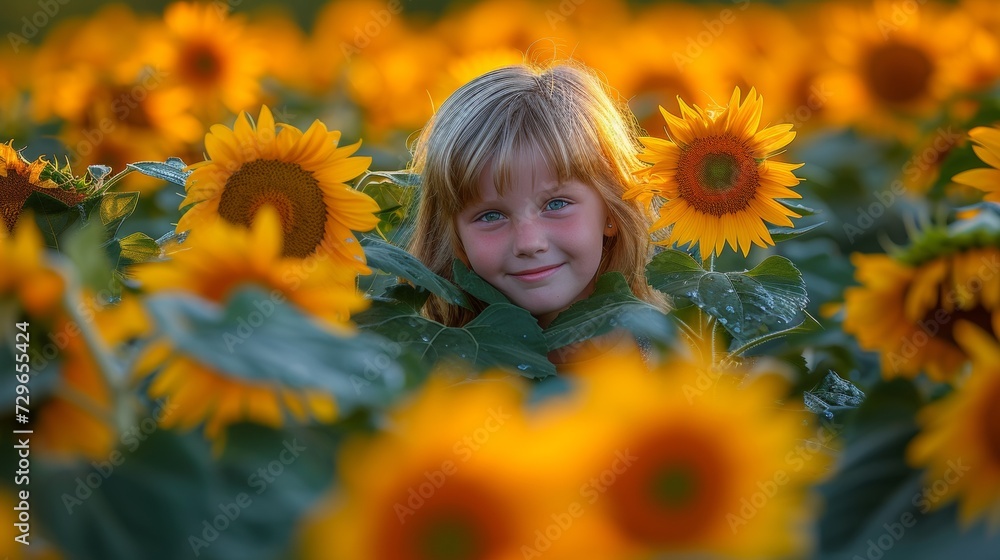 A young girl smiling in a field of sunflowers, AI A young girl smiling in a field of sunflowers, AI