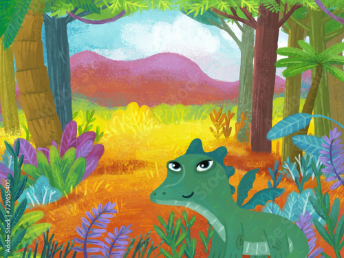 cartoon scene with forest jungle meadow wildlife with dragon dino dinosaur animal zoo scenery illustration for children