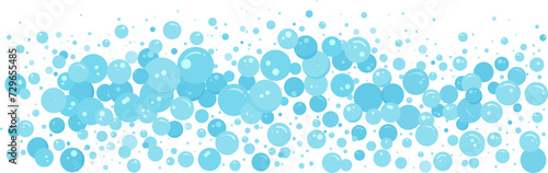 Cartoon foam bubble water, blue soap background, carbonated border, abstract suds pattern. Effervescent air ball stream. Soda pop, fizzy drinks, bath shampoo splash. Vector illustration