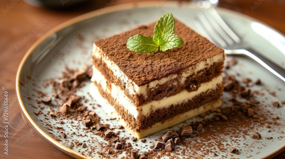 a piece of cake on a plate with chocolate shavings and a mint sprig on top of the rest of the cake and a fork on the plate. a piece of cake on a plate with chocolate shavings and a mint sprig on top of the rest of the cake and a fork on the plate.