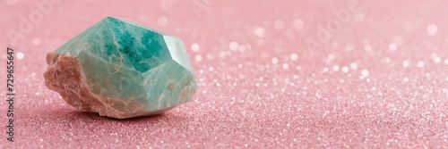 closeup macro view of a blue amazonite gemstone mineral on a pastel pink glittery background a picture for banner