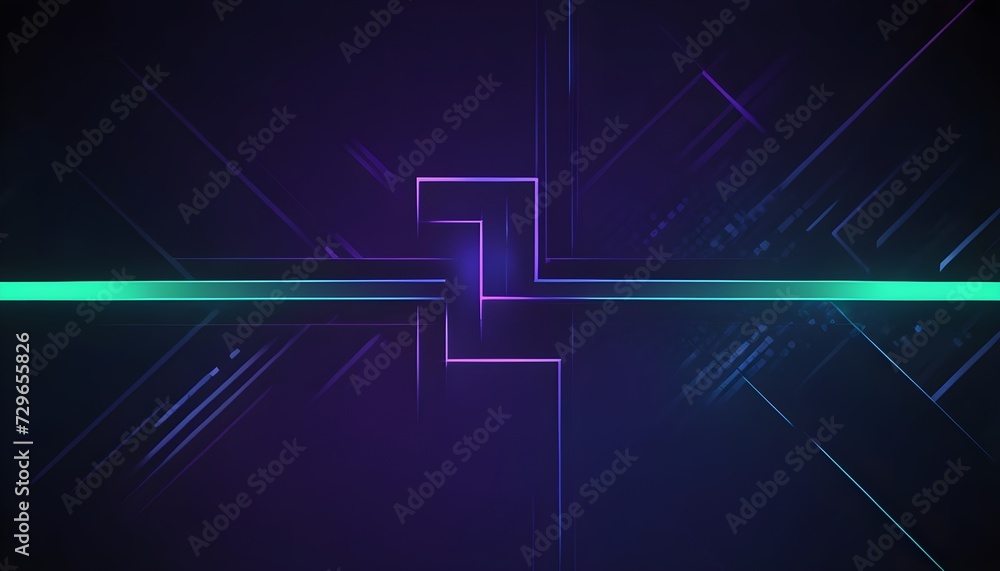 Abstract technology geometric background with copy space, square green and dark blue color pattern. Blue and lilac blocks with neon lines and glowing. Abstract high tech digital technology background.