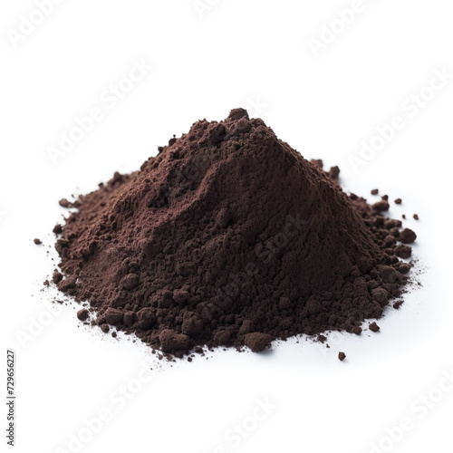 close up pile of finely dry organic fresh raw black bean flour powder isolated on white background. bright colored heaps of herbal, spice or seasoning recipes clipping path. selective focus