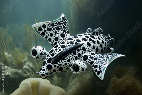 An elegant echinoderm glides gracefully through the vibrant reef, its black and white spots standing out against the colorful marine invertebrates, captivating all who gaze upon its beauty in the tra photo