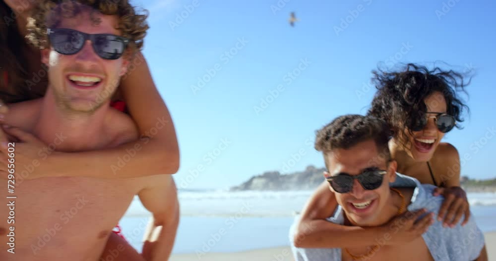 Beach, summer and piggyback with couple of friends outdoor together for love, fun or bonding. Portrait, smile and funny with group of young people laughing on tropical shore of coast for travel Beach, summer and piggyback with couple of friends outdoor together for love, fun or bonding. Portrait, smile and funny with group of young people laughing on tropical shore of coast for travel