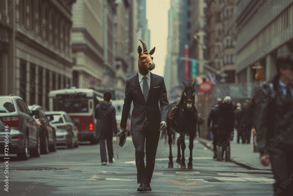 A curious creature, half man and half goat, clad in a sharp suit and tie, strolls confidently among a bustling street of horses and cars, the city's concrete jungle providing a stark contrast to his 